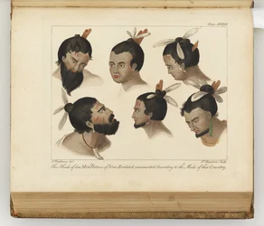 Las cabezas de seis hombres, ilustración de Un diario de un viaje a los mares del sur: en el barco de Su Majestad, el Endeavour, 1794
